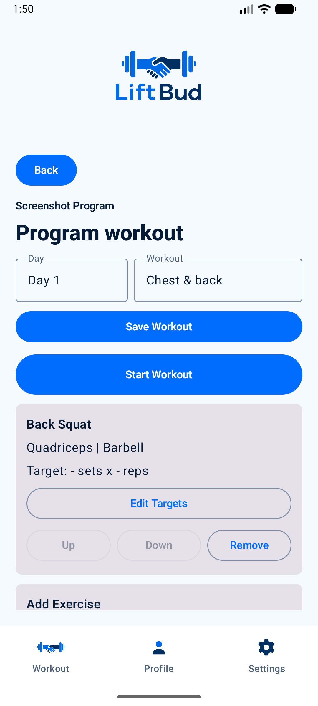 LiftBud routine editor showing Back Squat